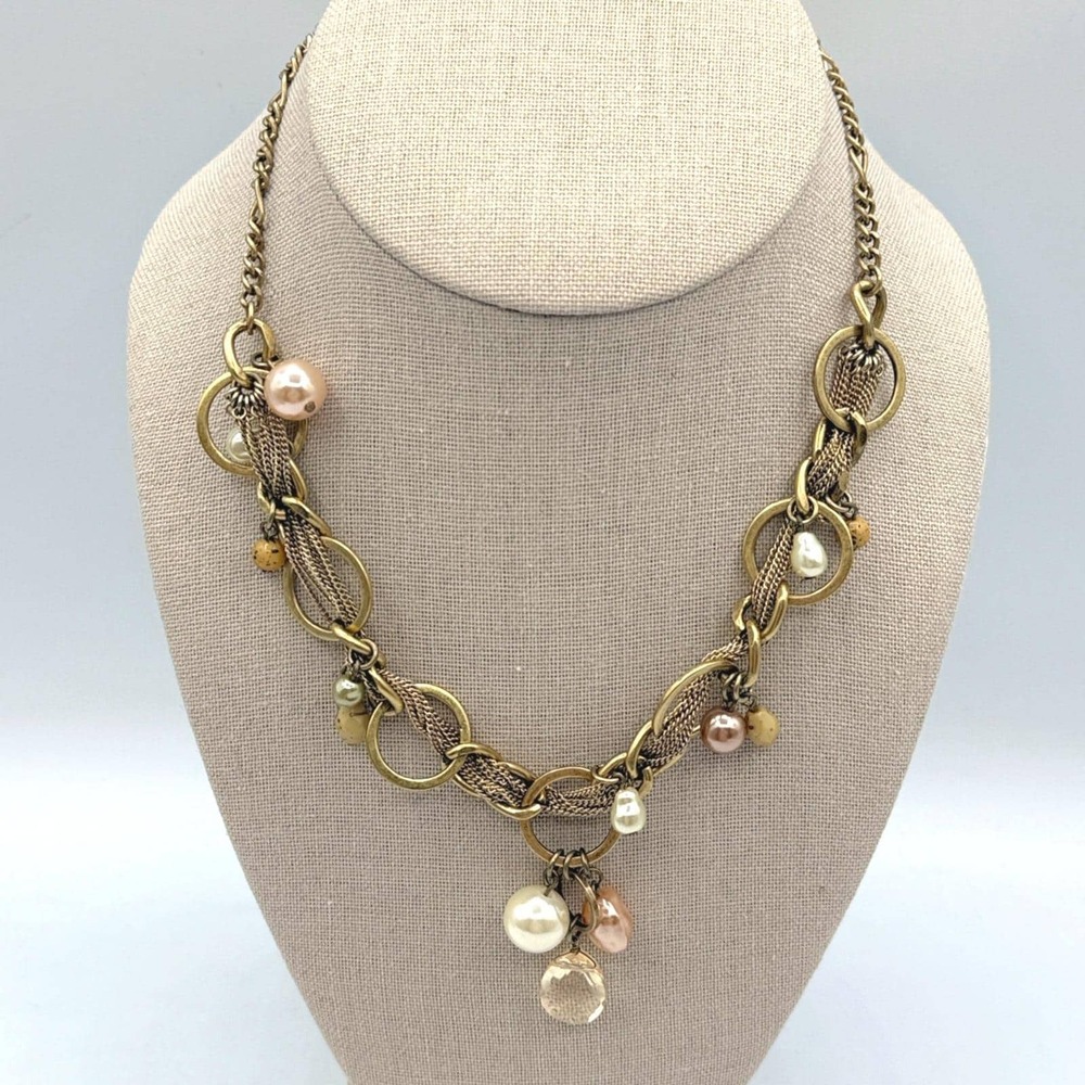 Chico's Statement Necklace Gold Brass Faux Pearl Beaded Multi-Chain Romantic